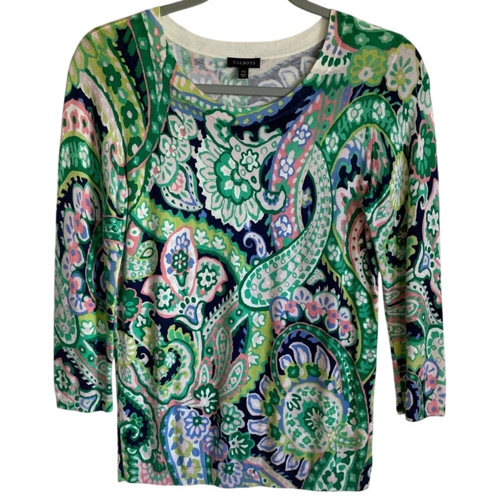 Talbots Watercolor Paisley Crewneck Floral Pullover Sweater Sz XS 3/4 Sleeve